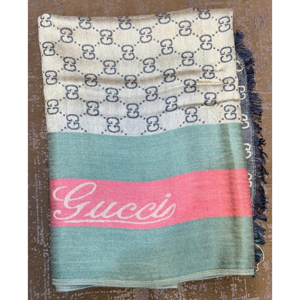 Gucci GG Monogram Web Stripe Scarf Beige Green Pink Logo Fringe Shawl Wrap